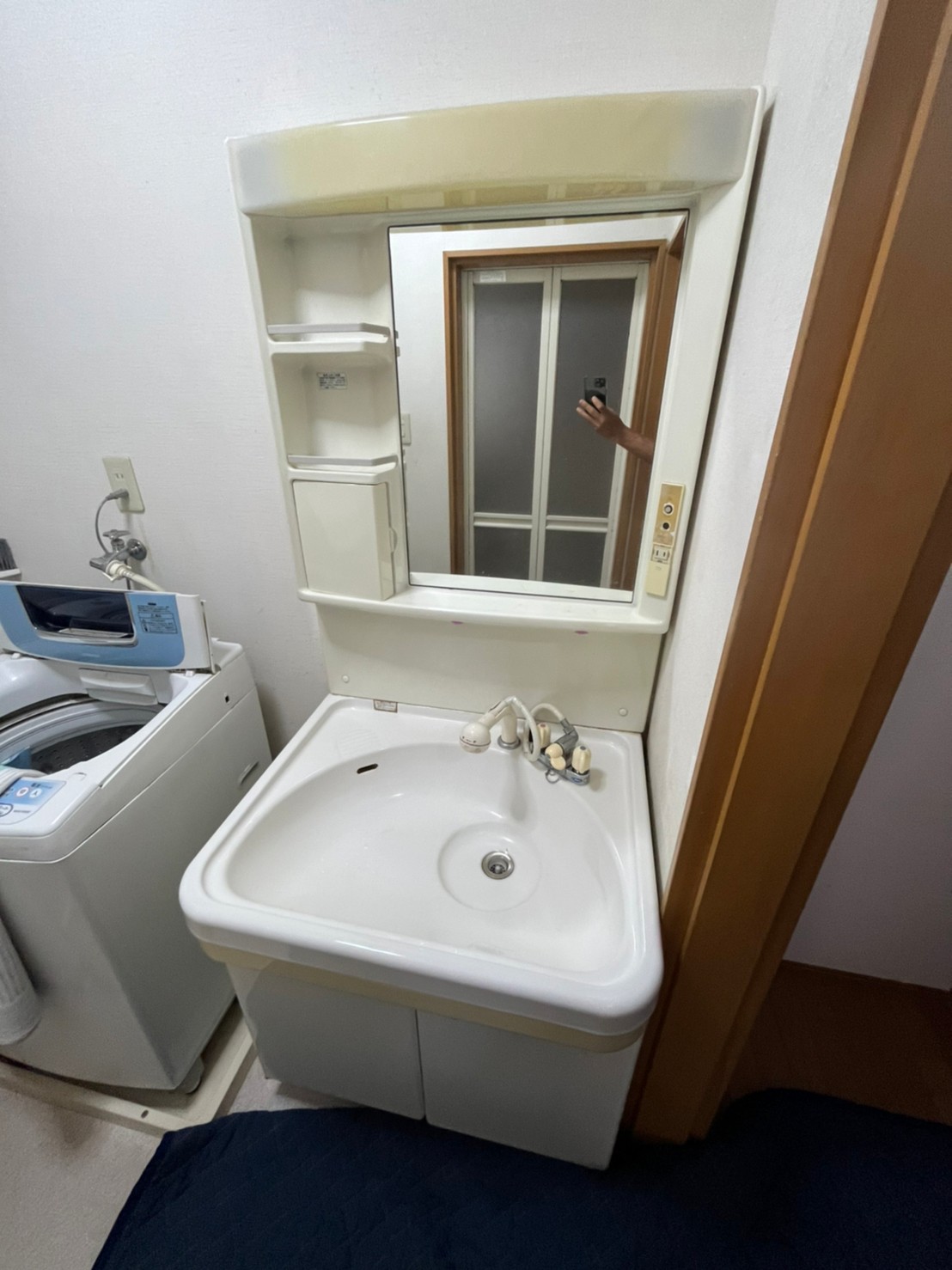 洗面台交換工事　Panasonic　エムライン　一面鏡、くもりシャット付き　75㎝　シングルレバーシャワー【京都市北区】
